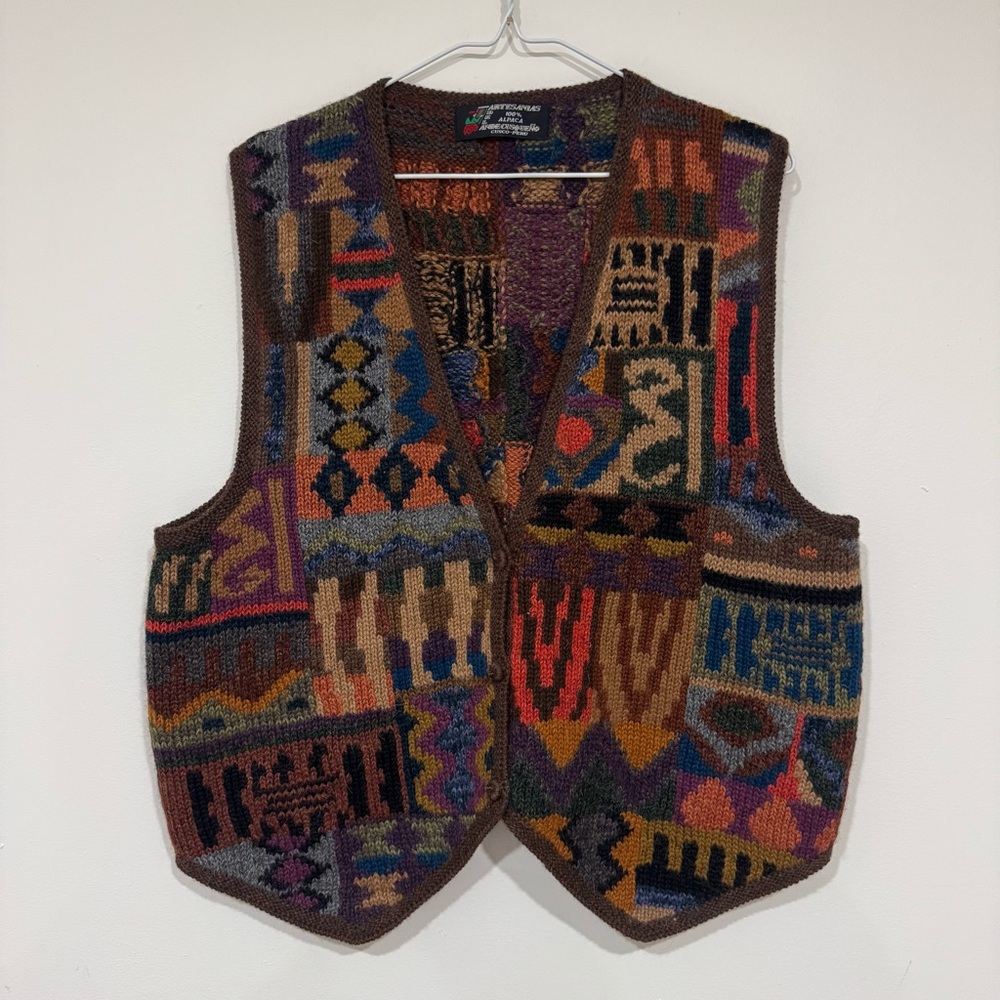 Vintage Artesanias 100% Alpaca Sweater Vest Size L Aztec Southwestern